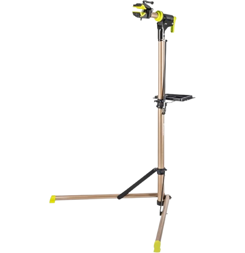 "Adjustable bicycle repair stand with a sturdy base, holding a bike securely in place, featuring a clamp for the frame and an adjustable height mechanism, set against a workshop backdrop."