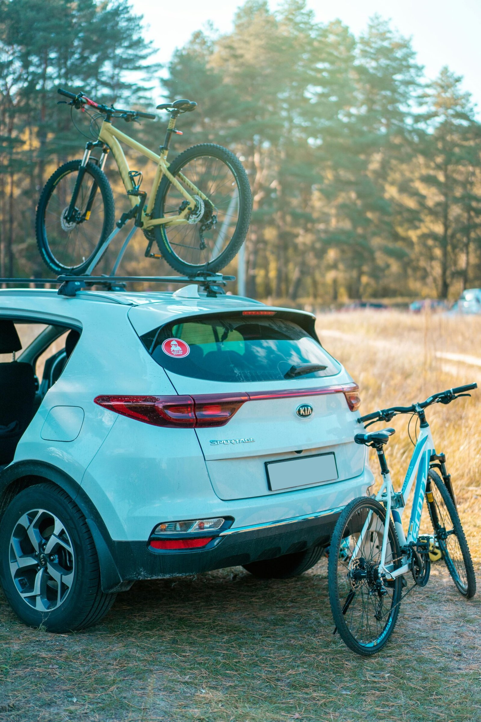 "Two bicycles secured on a car's roof rack, with one bike upright and the other resting against it, set against a clear blue sky."